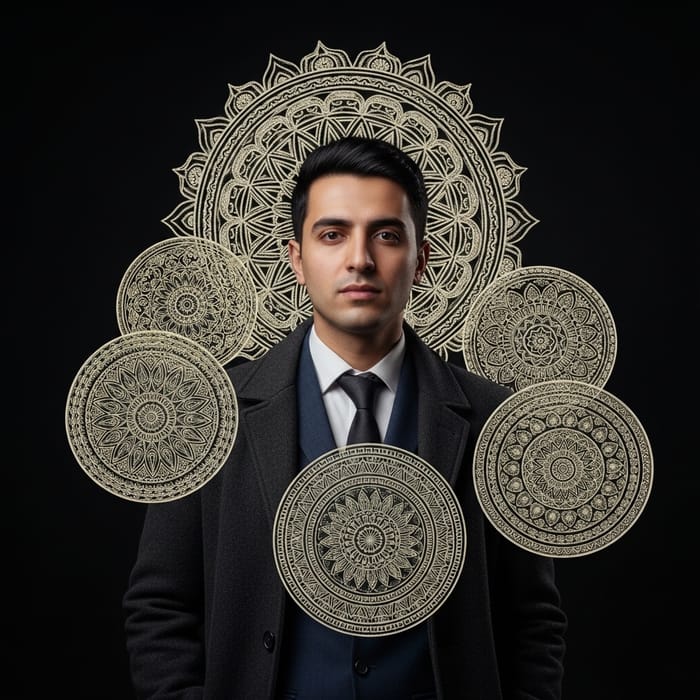 36 Year Old Afghan Magician in Coat and Tie with Mandala Magic Shields