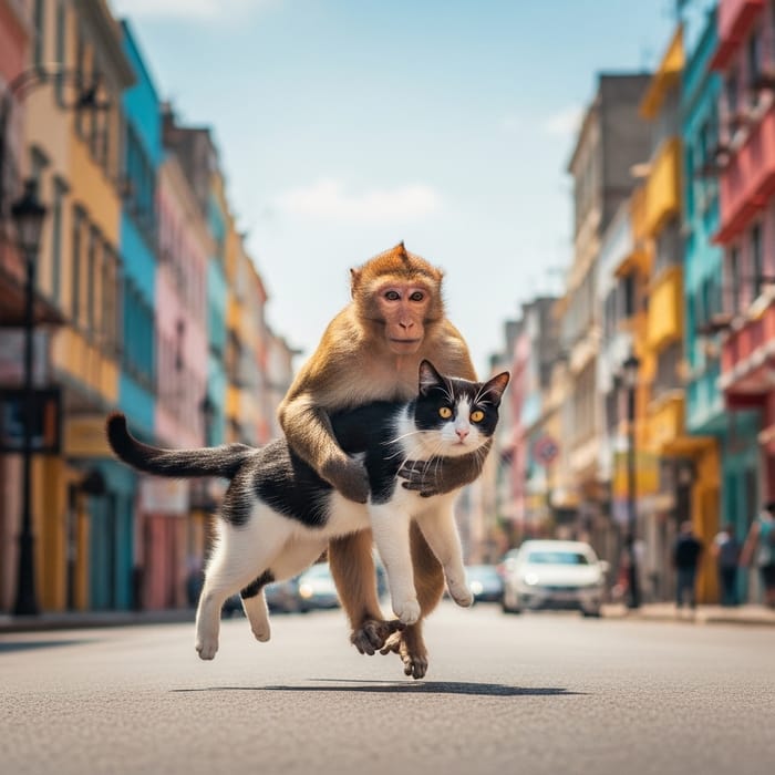 Mischievous Monkey Speeds Away With Cat Through City Streets