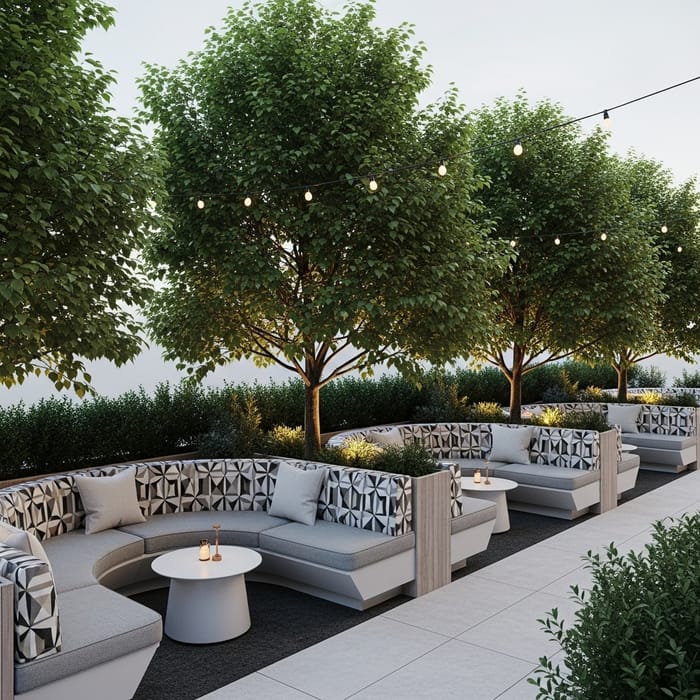 Modern Terrace with Semi-Circular Sofas and Lush Green Trees Modern Terrace with Semi-Circular Sofas and Lush Green Trees