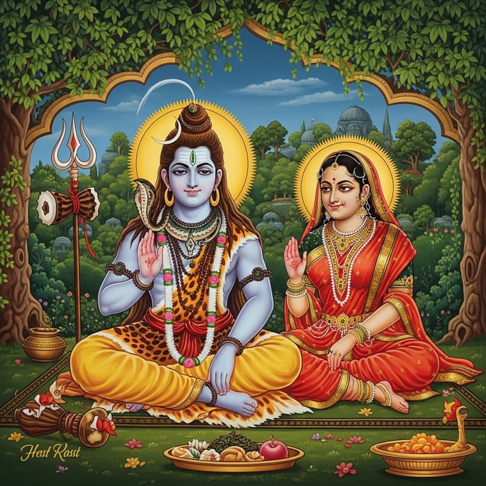 Divine Depiction of Lord Shiva & Maa Parvati in Vibrant Traditional Art Divine Depiction of Lord Shiva & Maa Parvati in Vibrant Traditional Art