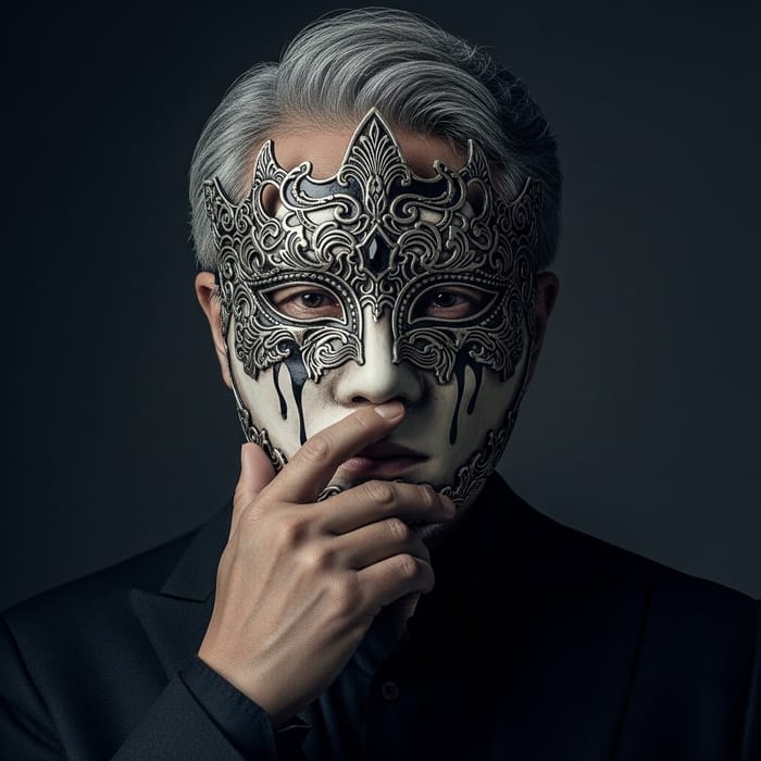Emotionally Charged Asian Man Concealed Behind Detailed Mask in Dimly Lit Room Emotionally Charged Asian Man Concealed Behind Detailed Mask in Dimly Lit Room