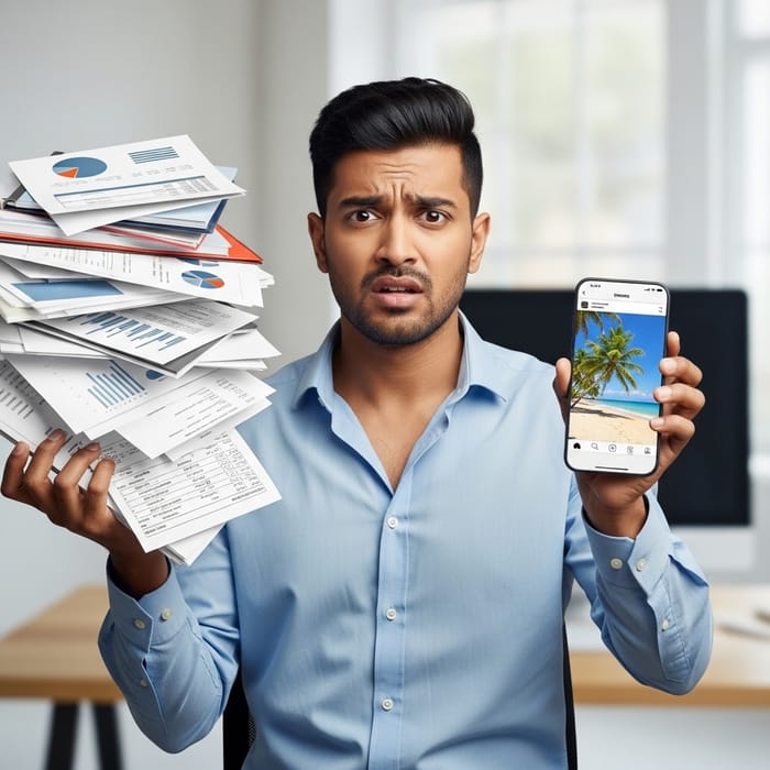 Confused Entrepreneur Balancing Business Papers & Instagram on Phone | Website
