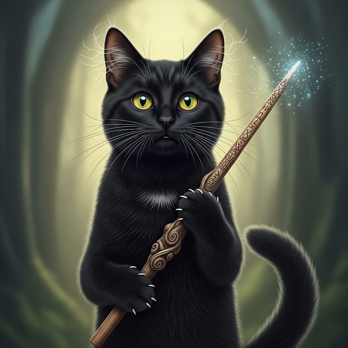 Wizard Cat with Elder Wood Wand | Enchanted Feline Wizard Cat with Elder Wood Wand | Enchanted Feline