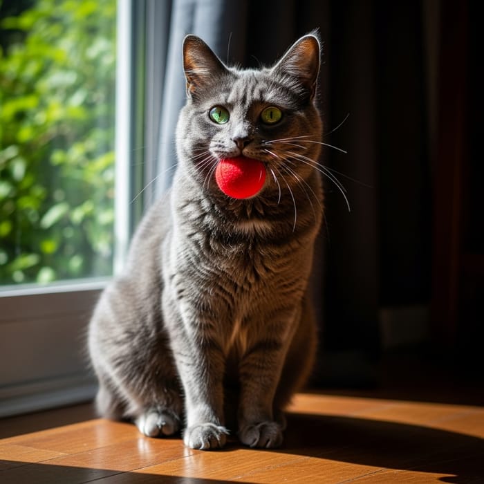 Cute Grey Cat Playing with Bright Red Ball