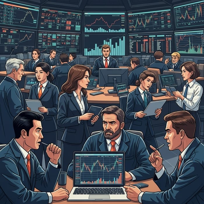 Stock Market Scene with Traders and Electronic Graphs Stock Market Scene with Traders and Electronic Graphs