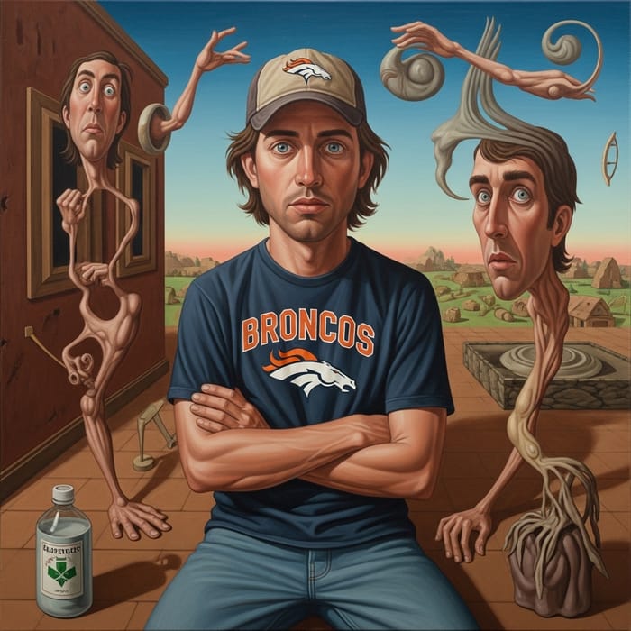 Surrealist Artwork of Denver Broncos Fan in Addiction Turmoil