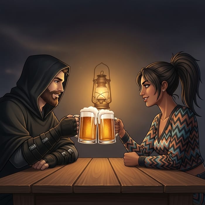 Black Cloak and Zig Zag Characters Sharing Beer at Wooden Table Black Cloak and Zig Zag Characters Sharing Beer at Wooden Table