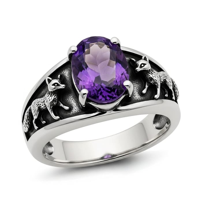 Sterling Silver Men's Ring with Amethyst Gemstone and Fox Motif Sterling Silver Men's Ring with Amethyst Gemstone and Fox Motif