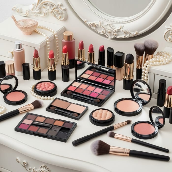 Vintage-Inspired Makeup Collection on Elegant Vanity Table Vintage-Inspired Makeup Collection on Elegant Vanity Table