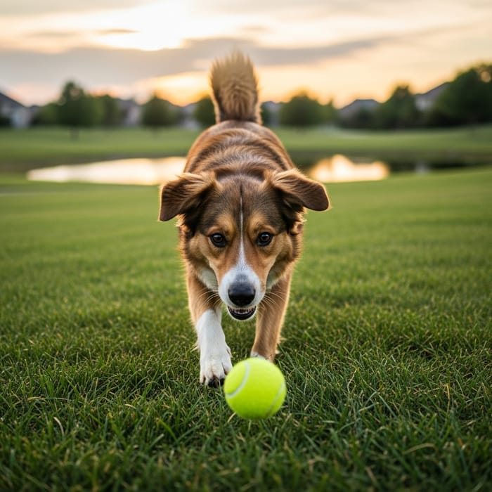 Playful Dog Chasing Tennis Ball in Park