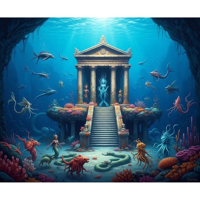 Mythical Underwater Temple with Sea Creatures