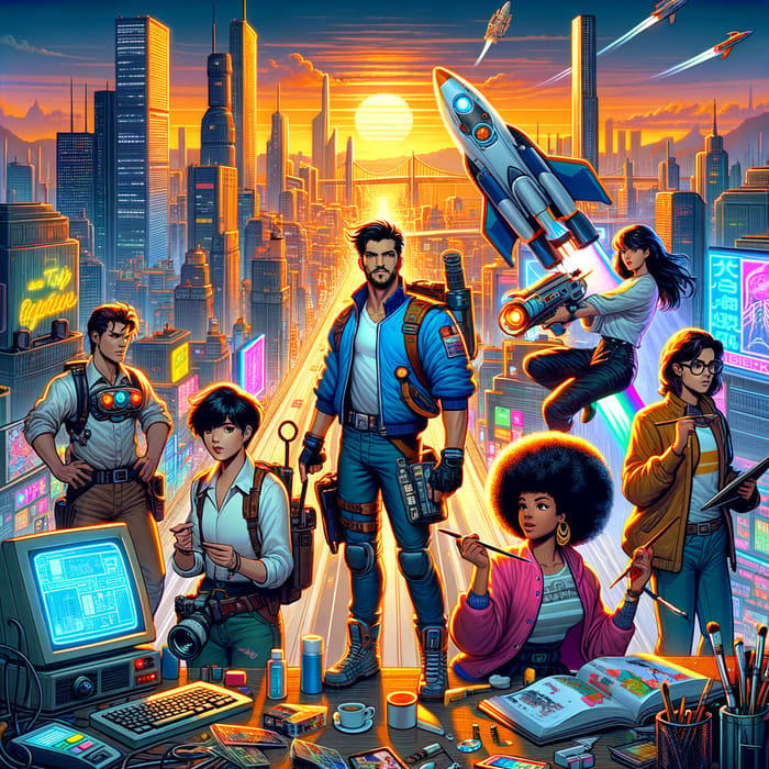 Vibrant 80s Anime Scene: Young Adventurers in Futuristic City