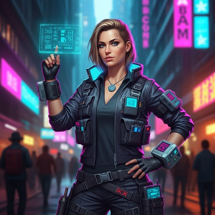 Blonde Netrunner Woman in Cyberpunk Cityscape Blonde Netrunner Woman in Cyberpunk Cityscape