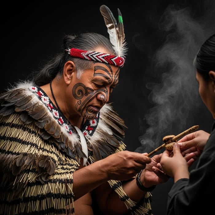 Maori Spiritual Ceremony: Vibrant Wairua Energy with Elder in Feather Cloak Maori Spiritual Ceremony: Vibrant Wairua Energy with Elder in Feather Cloak