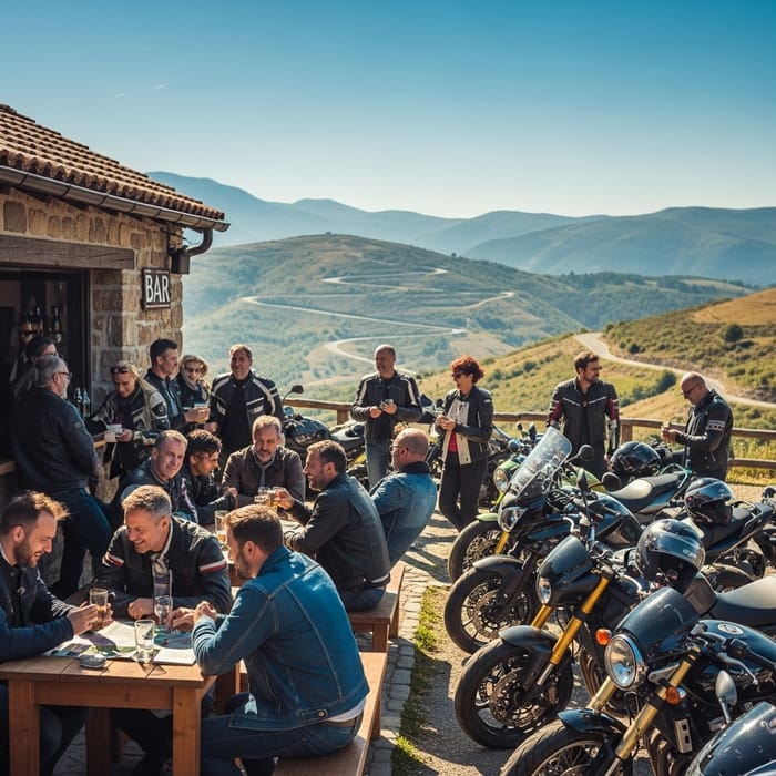 Tranquil European Scene: Sunny Weather, Mountain Roads, Motorbike Bar Tranquil European Scene: Sunny Weather, Mountain Roads, Motorbike Bar