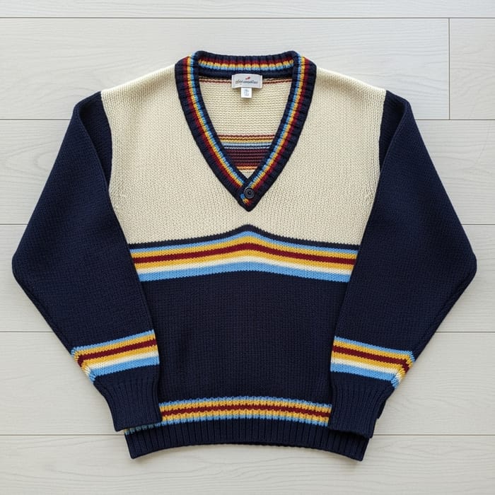 Navy Blue and Cream V-Neck Sweater with Colorful Stripes Navy Blue and Cream V-Neck Sweater with Colorful Stripes
