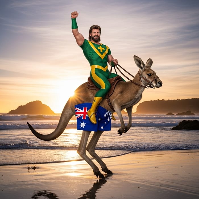 Australian Superhero Rides Kangaroo with Mullet on Beach