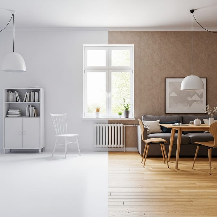 Contrasting Apartment: Empty vs Cozy Half Contrasting Apartment: Empty vs Cozy Half