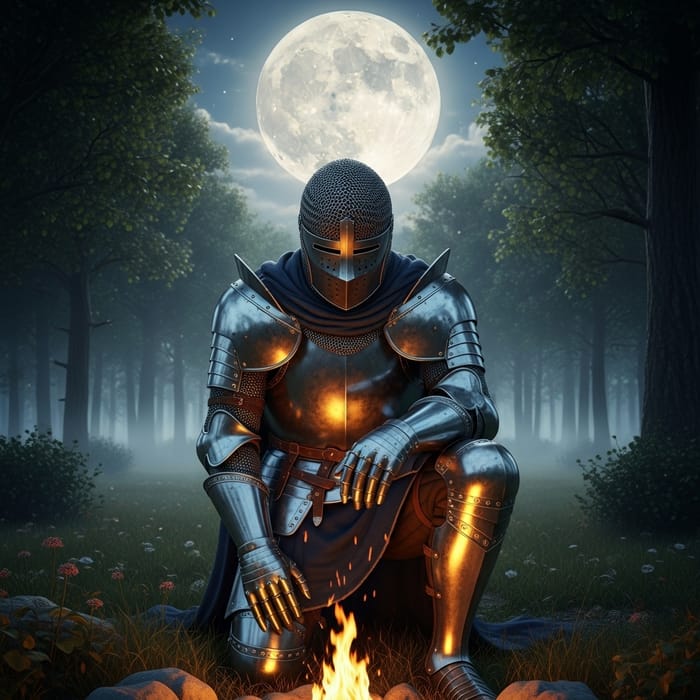 Medieval Knight in Shining Armor Kneeling by Campfire