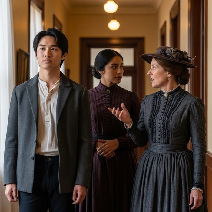 19th Century Scene: Young Man Walking Behind Girlfriend and Mom