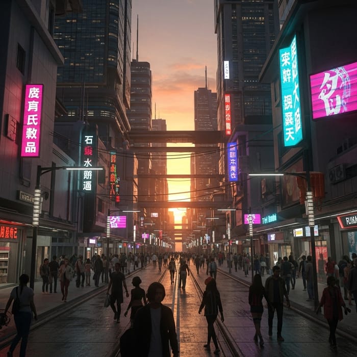 Neon-lit Cyberpunk Cityscape at Sunset - Digital Painting Neon-lit Cyberpunk Cityscape at Sunset - Digital Painting