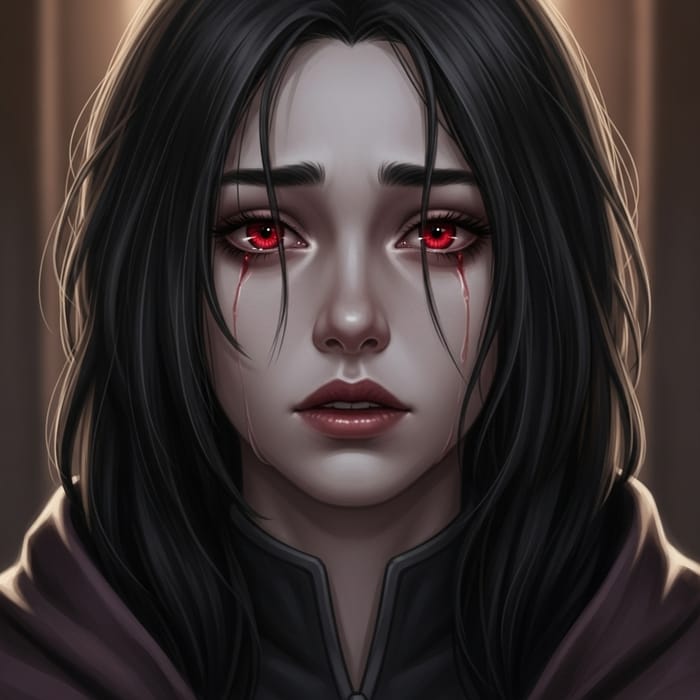 Tiefling Teenager with Red Eyes Conveys Deep Sadness Tiefling Teenager with Red Eyes Conveys Deep Sadness