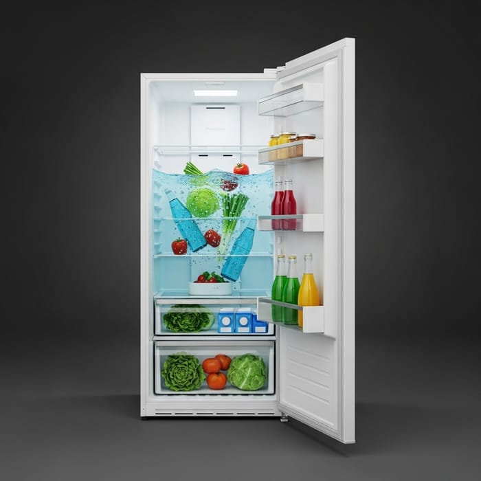Unique Scene: Water Inside Fridge - Fresh Vegetables and Chilled Drinks