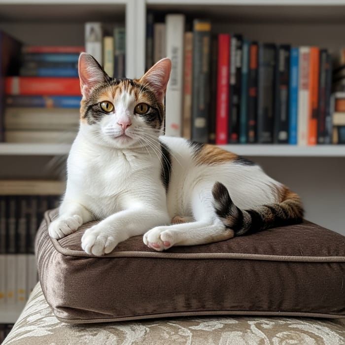 Magnificent Calico Cat Relaxing on Plush Cushion