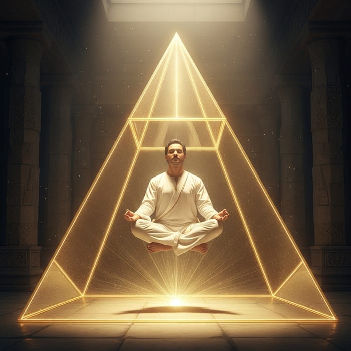 Man in Lotus Position Inside Gold Pyramid - Meditative Energy Man in Lotus Position Inside Gold Pyramid - Meditative Energy