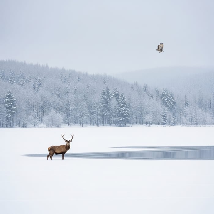 Winter Nature Scene: Snow, Forest, Lake, Wildlife Winter Nature Scene: Snow, Forest, Lake, Wildlife