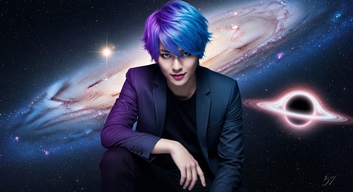 Galactic Villain | Blue-Purple Hair Hero-Villain in Cosmic Setting