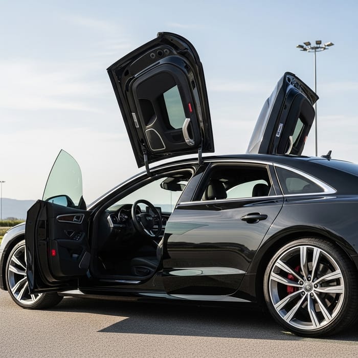 Sleek Black Audi Car with Doors Open | Luxurious Interior Sleek Black Audi Car with Doors Open | Luxurious Interior