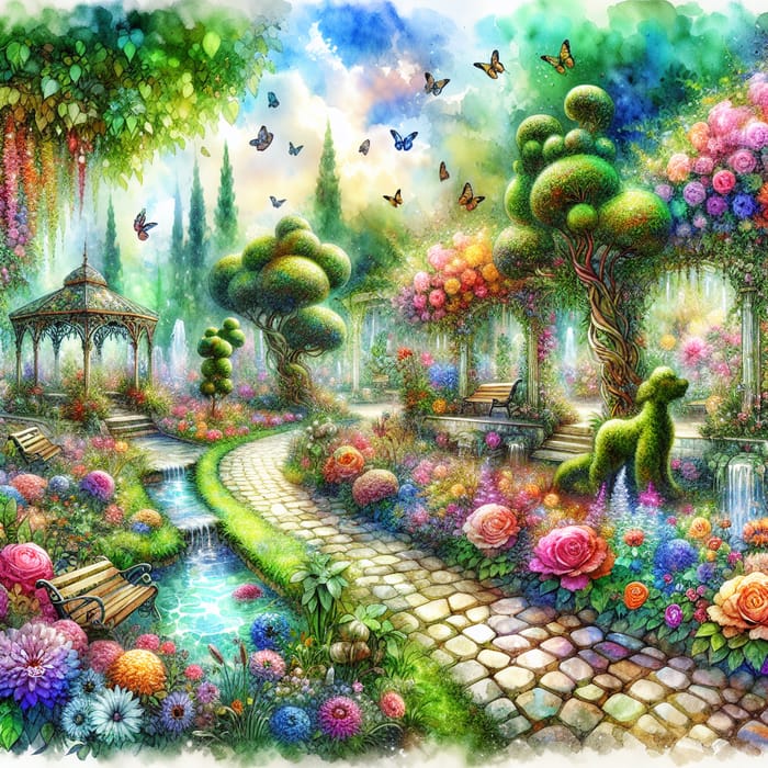 Whimsical Garden Watercolor - Vibrant Flowers & Topiary Magic