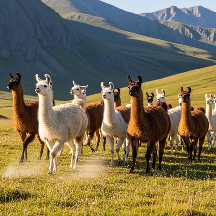 Llamas Moving Freely in Vibrant Landscape Llamas Moving Freely in Vibrant Landscape