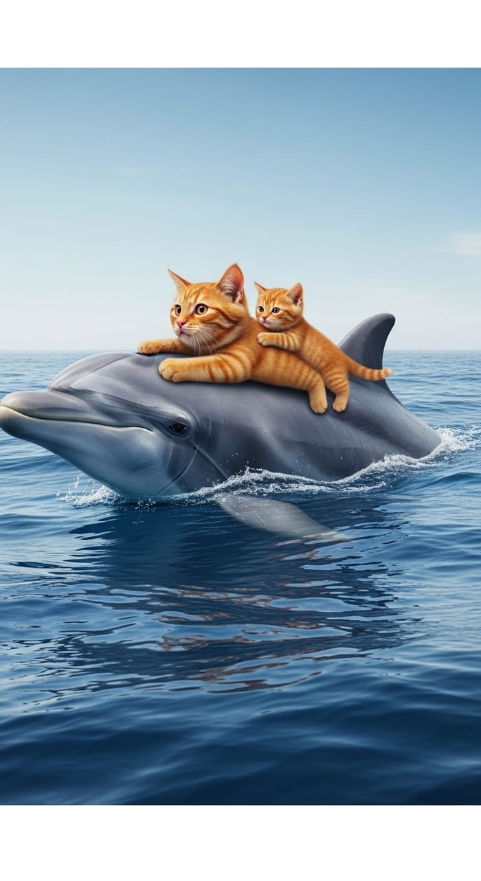 Ginger Tomcat and Kitten Riding Dolphin in Blue Sea Ginger Tomcat and Kitten Riding Dolphin in Blue Sea