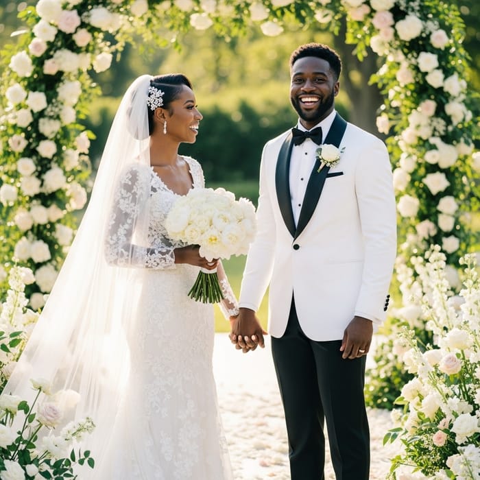 Happy Black Couple Wedding Day with Flowers Happy Black Couple Wedding Day with Flowers