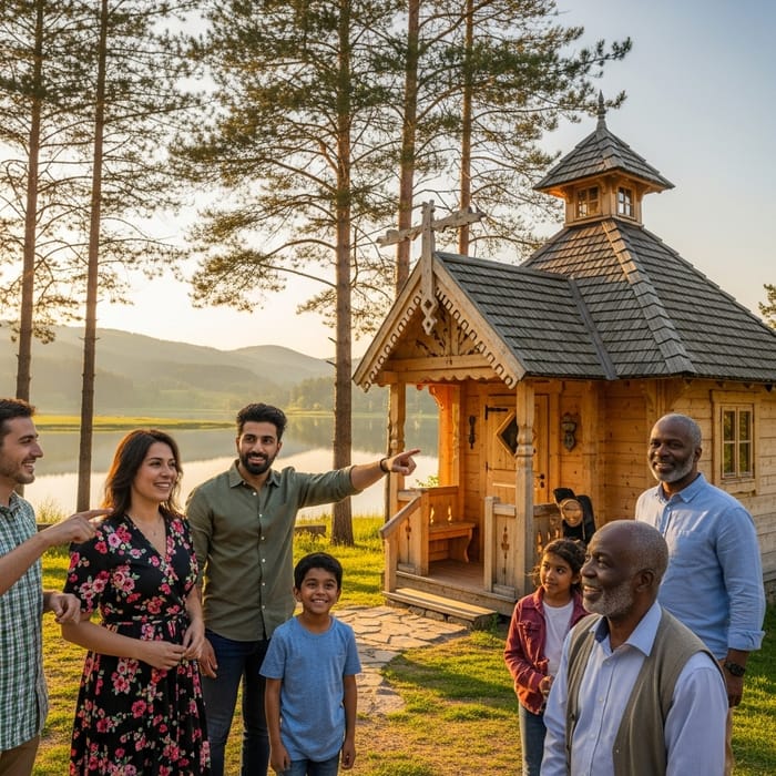 Diverse Group Near Scenic Wooden Bathhouse Diverse Group Near Scenic Wooden Bathhouse