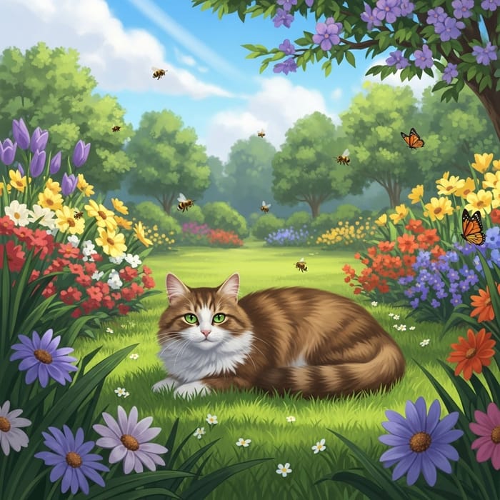 Playful Cat Relaxing in Colorful Garden