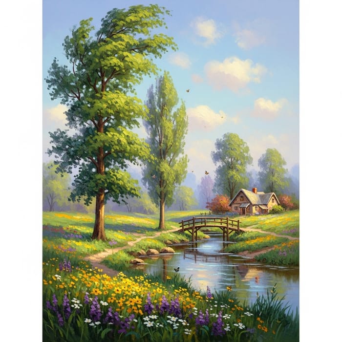 Springtime Impressionism - Tranquil Landscape with Lush Trees & Wildflowers