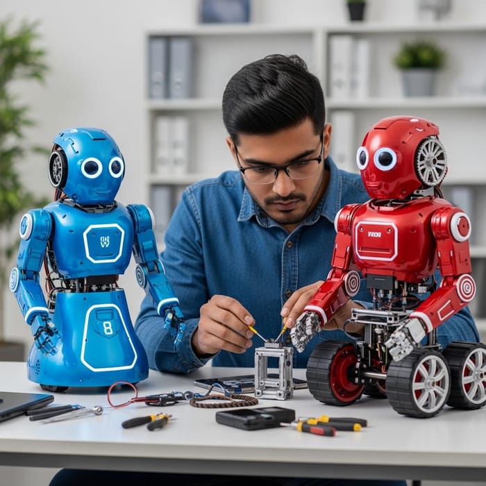 Engineer Fixing Blue and Red Robots Engineer Fixing Blue and Red Robots
