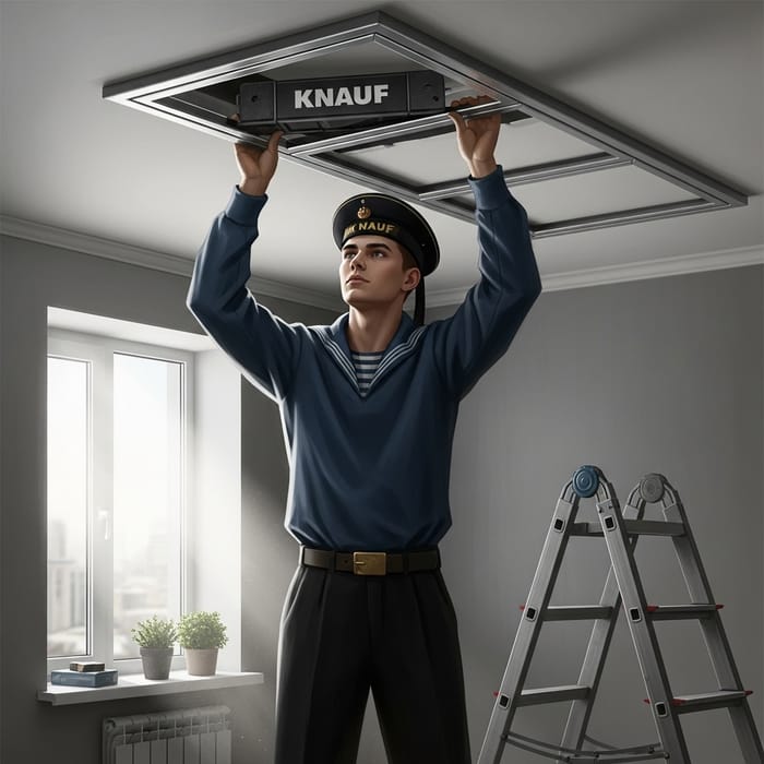 Russian Builder in Vintage Sailor's Uniform Installing KNAUF Metal Frame in Stylish Renovated Room Russian Builder in Vintage Sailor's Uniform Installing KNAUF Metal Frame in Stylish Renovated Room