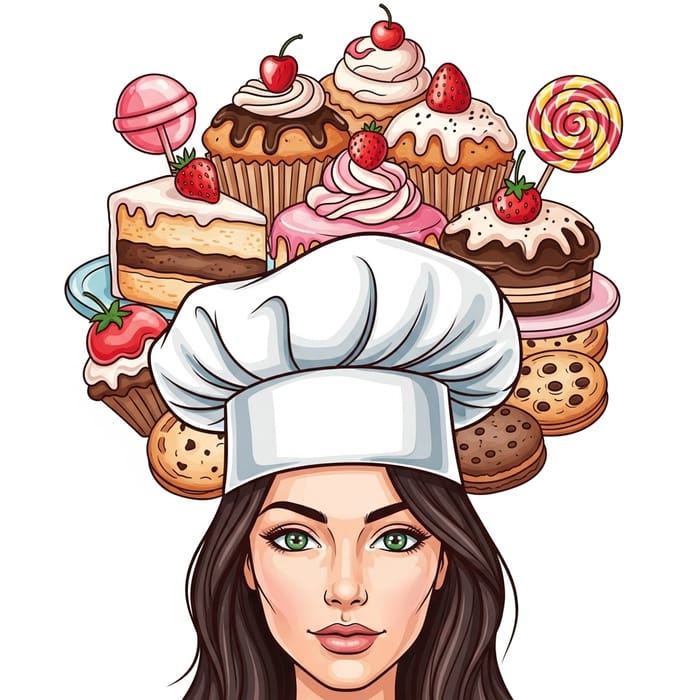 Cartoon Woman Chef Surrounded by Colorful Desserts