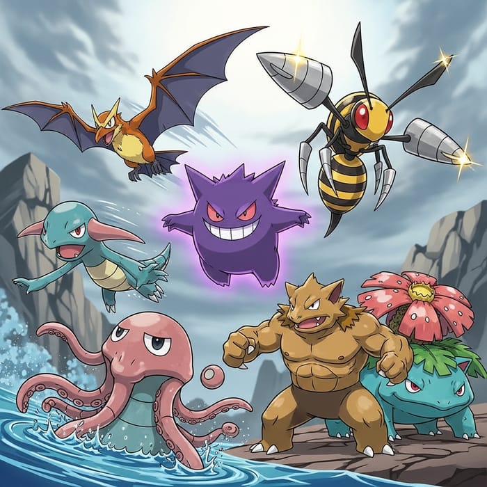 Digital Art: Pokémon Team with Crobat, Tentacruel, Gengar, Nidoking, Venusaur, Mega Beedrill Digital Art: Pokémon Team with Crobat, Tentacruel, Gengar, Nidoking, Venusaur, Mega Beedrill