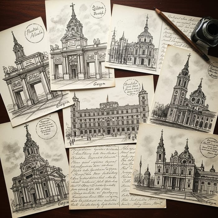 Handwritten Postcards on Antique Paper: Madrid Sketches by Goya Handwritten Postcards on Antique Paper: Madrid Sketches by Goya