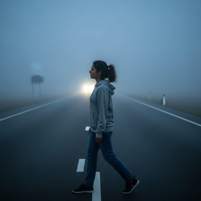 South Asian Girl Strolling in Fog on Night Highway