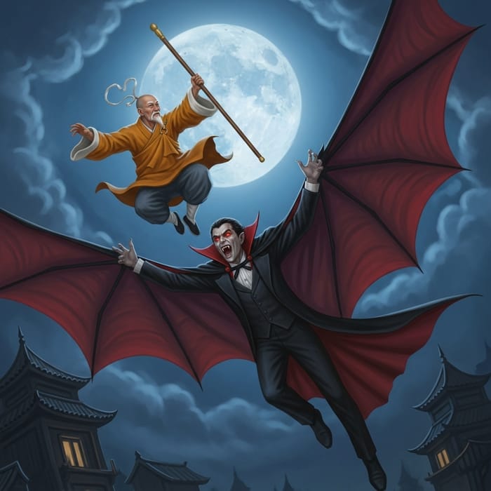Epic Dracula vs. Chinese Monk Aerial Combat Under Moonlight Epic Dracula vs. Chinese Monk Aerial Combat Under Moonlight