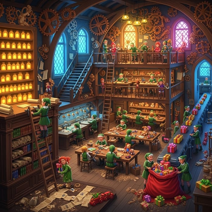 Enchanting Elf Workshop Crafting Toys with Magical Decor