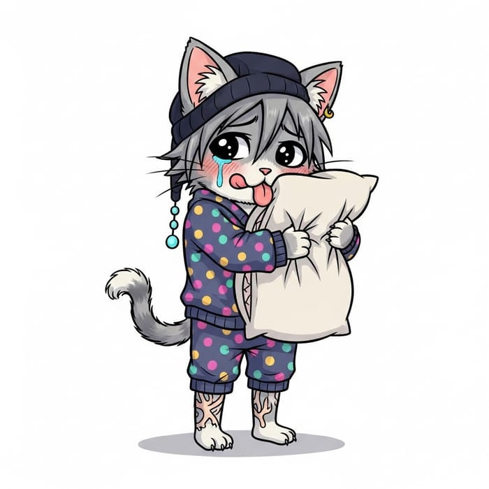 Emo Anthropomorphic Cat Snuggling Pillow | Adorable Art Moment Emo Anthropomorphic Cat Snuggling Pillow | Adorable Art Moment