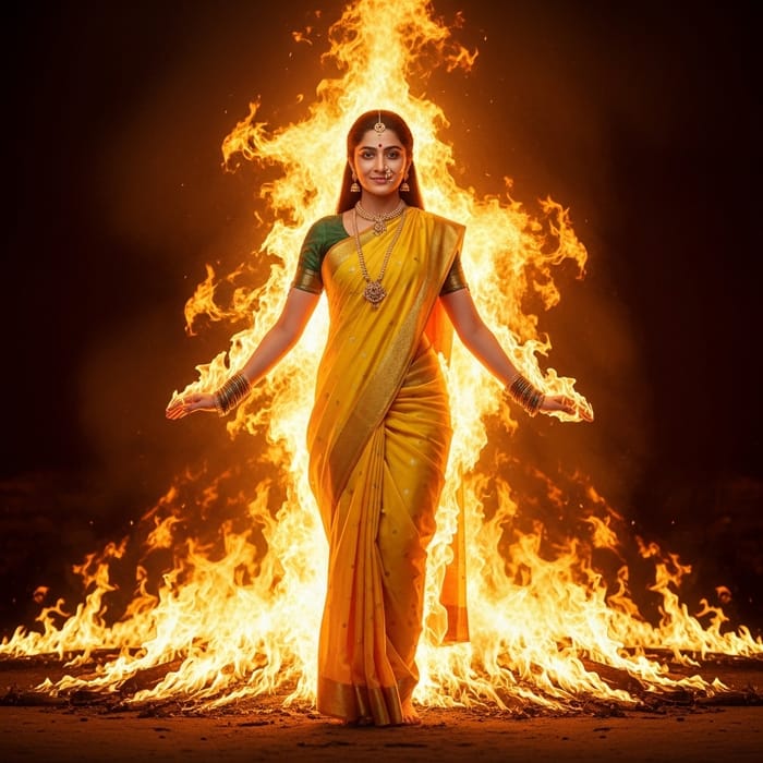 Draupadi Emerging in Divine Yellow Saree from Blazing Fire