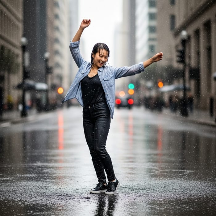 Joyful Asian Woman Dancing in Rain | Urban Setting